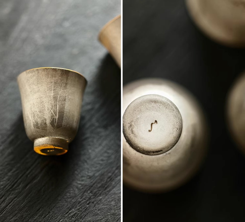 "Huang Lian" Glass Tea Cups - Gold and Burnished Silver