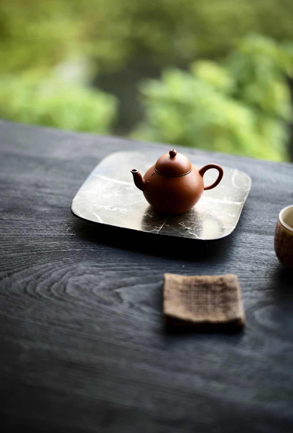 “Obsidian Mist” Glass Tea Tray with Silver Patina