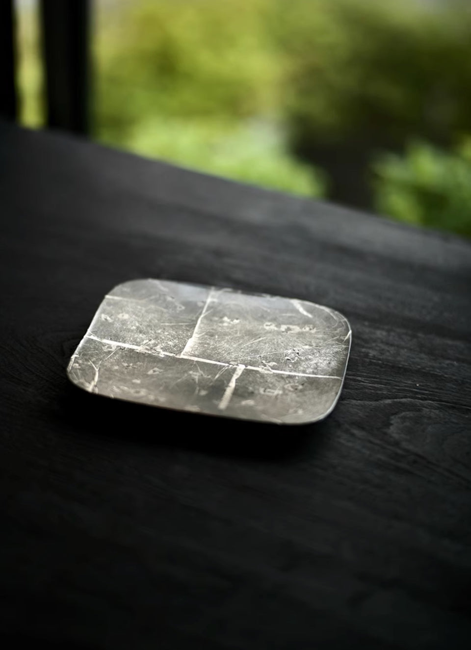 “Obsidian Mist” Glass Tea Tray with Silver Patina