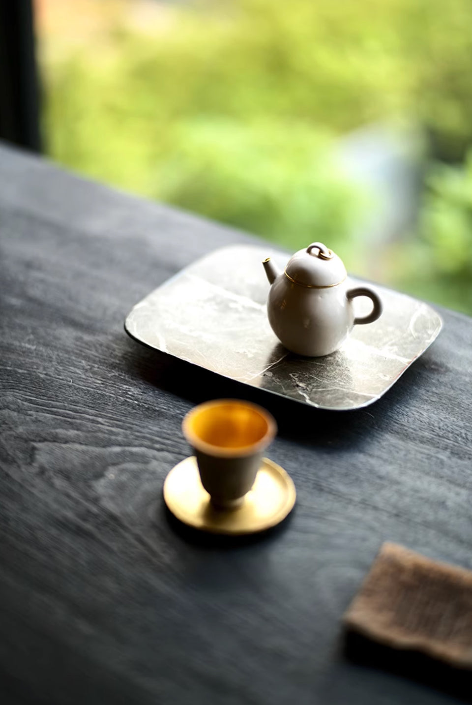 “Obsidian Mist” Glass Tea Tray with Silver Patina