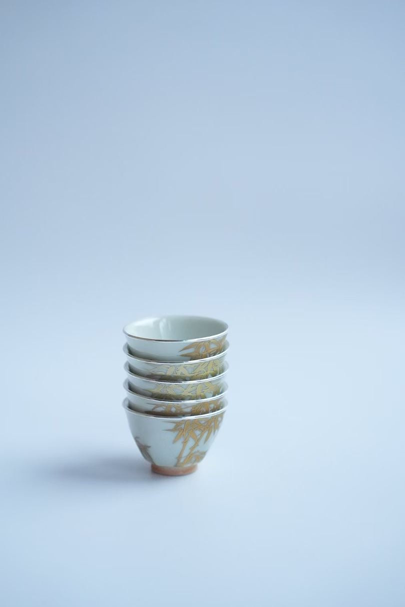 "Golden Bamboo Shadows" Teacup Set with Octagonal Base