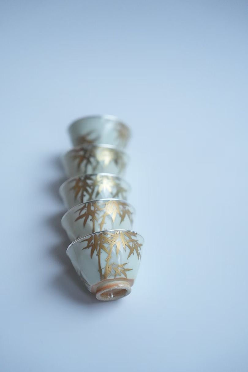 "Golden Bamboo Shadows" Teacup Set with Octagonal Base
