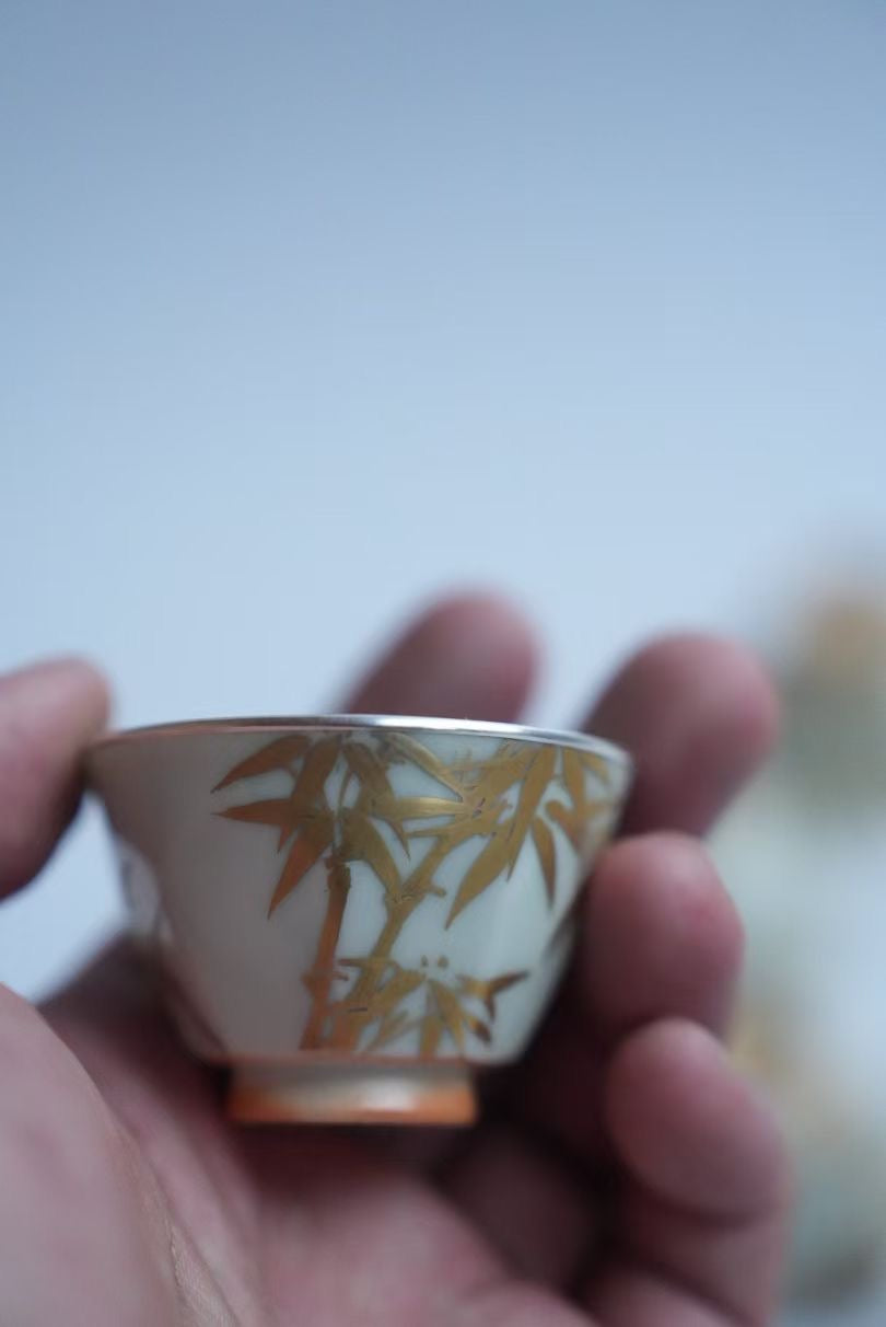 "Golden Bamboo Shadows" Teacup Set with Octagonal Base
