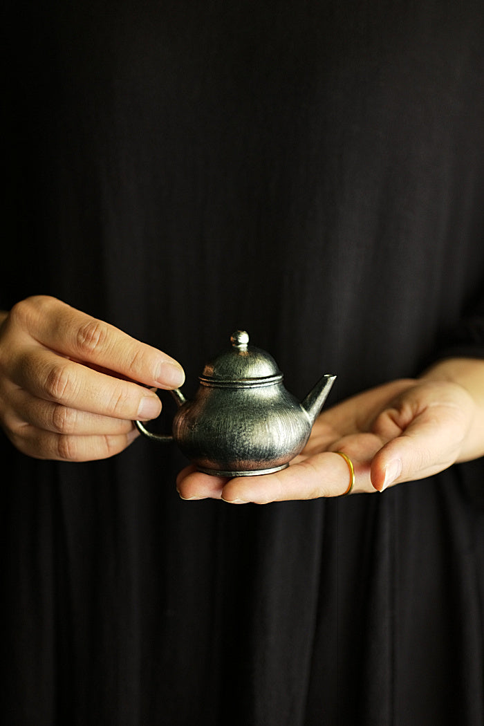 Petite Pear Shaped Brushed Silver & Gold Teapot