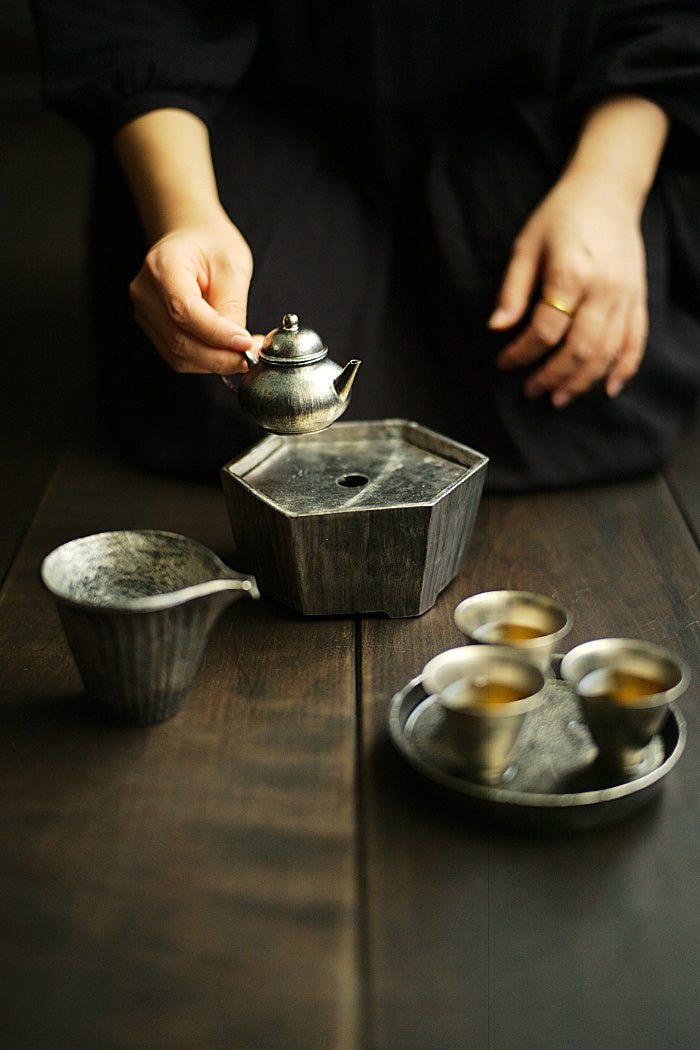 Petite Pear Shaped Brushed Silver & Gold Teapot