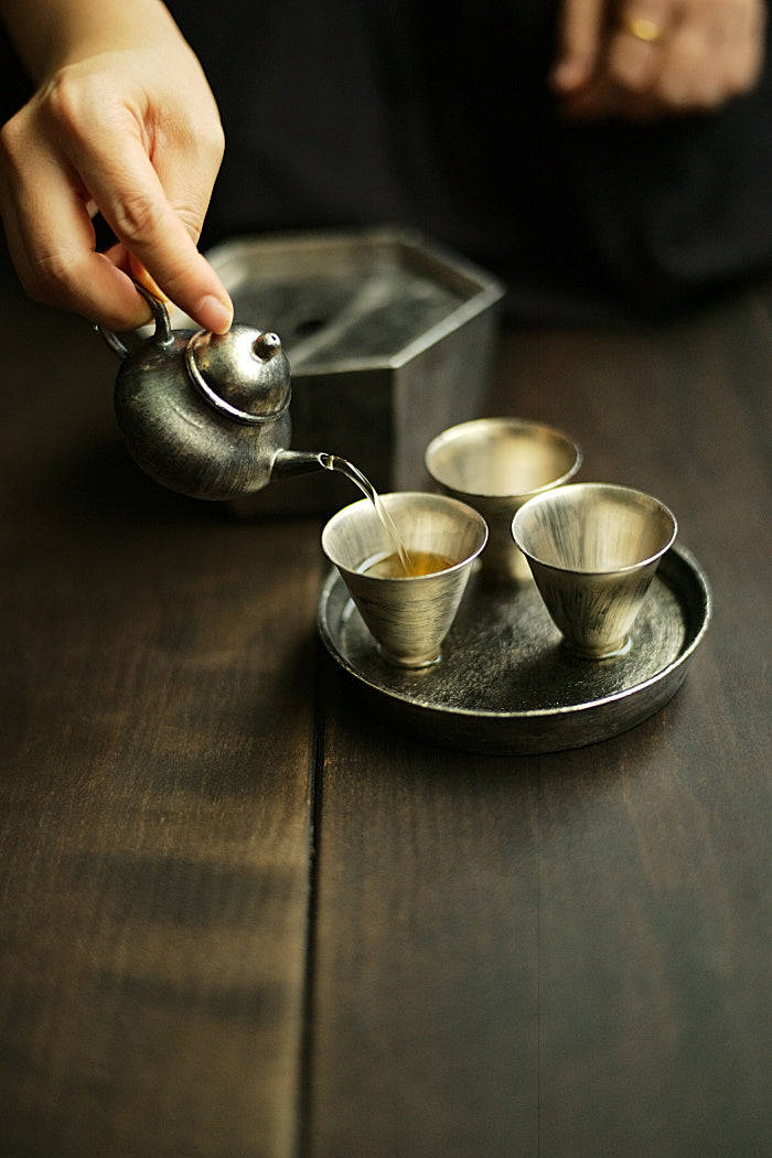Petite Pear Shaped Brushed Silver & Gold Teapot