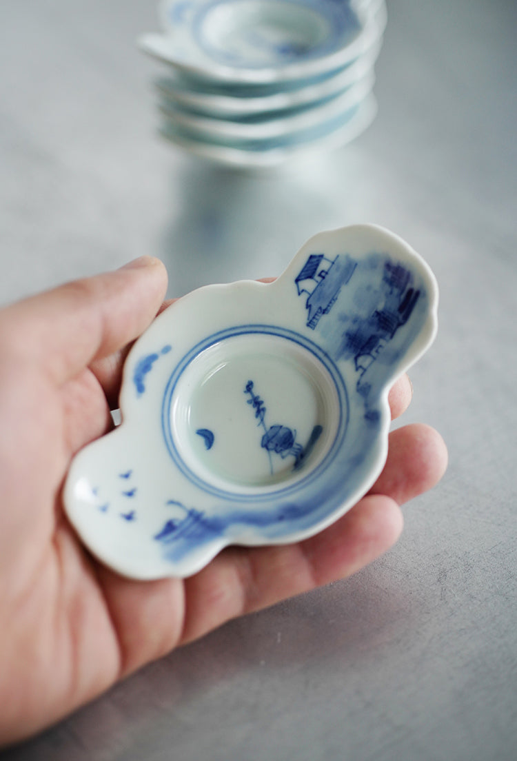 Fishing Man Qinghua Hand-made & Painted Teacup Saucers