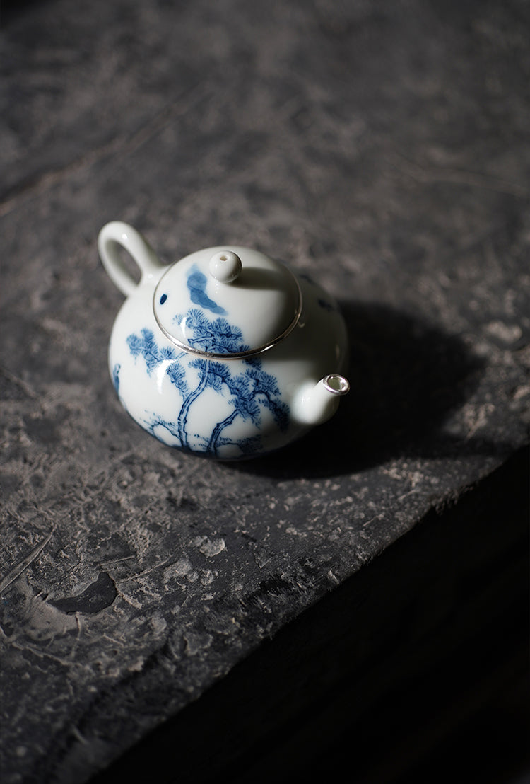 Small Qinghua Teapot With Silver Rim & Fisherman Design