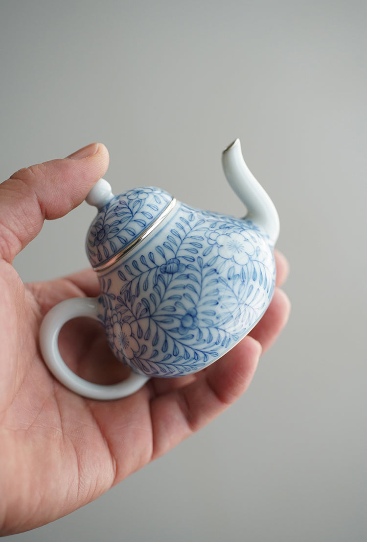 "1000 Leaves" Silver-Rimmed Qinghua Blue & White Pear Shape Teapot