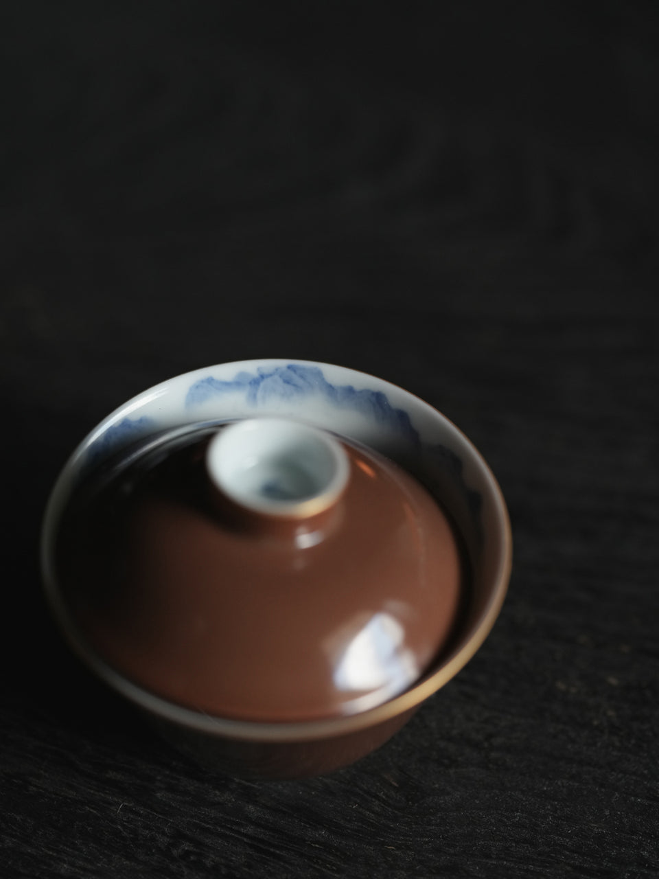 Espresso Glaze Blue & White Mountain Landscape Gaiwan