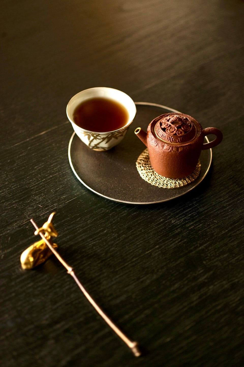 "Golden Bamboo Shadows" Host Teacup with Octagonal Base
