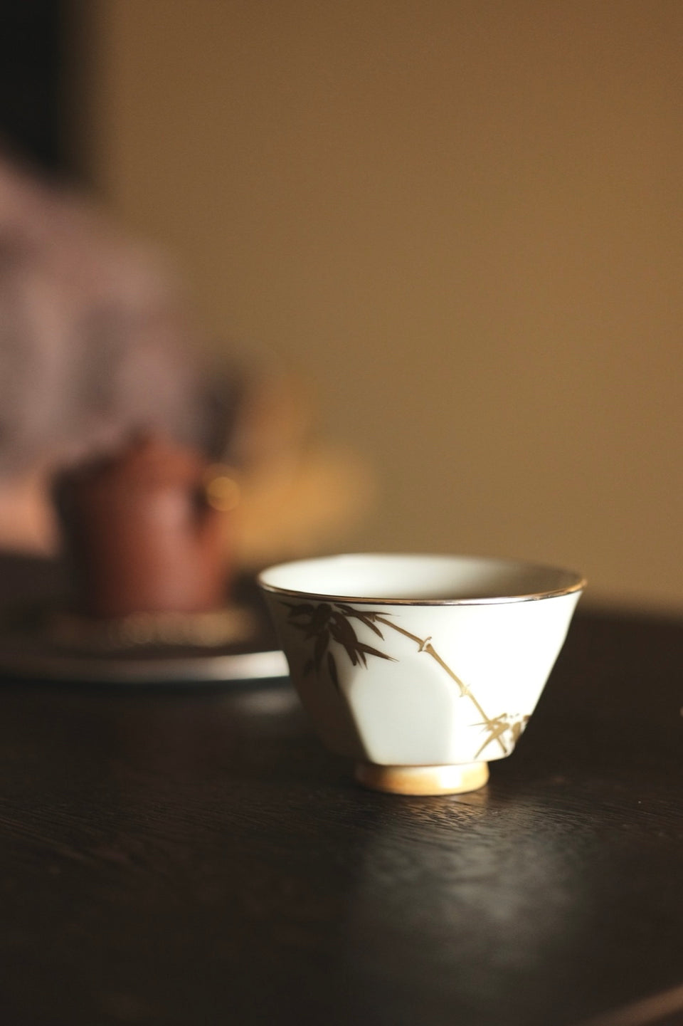 "Golden Bamboo Shadows" Host Teacup with Octagonal Base