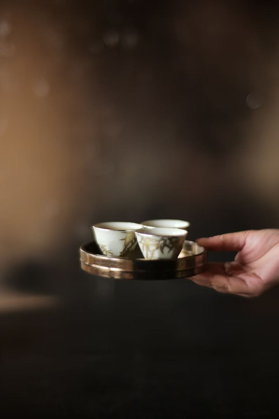"Golden Bamboo Shadows" Teacup Set with Octagonal Base