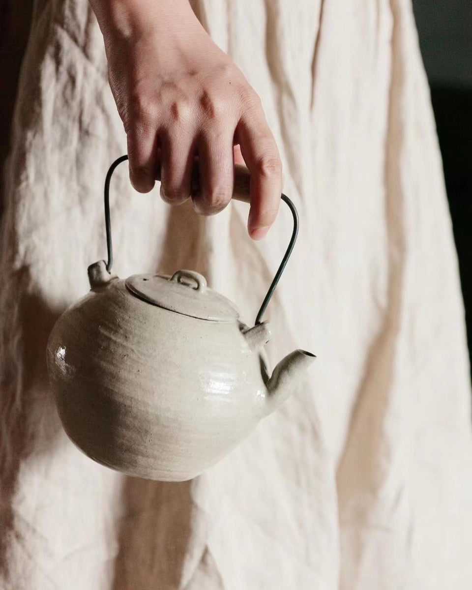 Wood-Handled White Powder Glaze Clay Tea Kettle