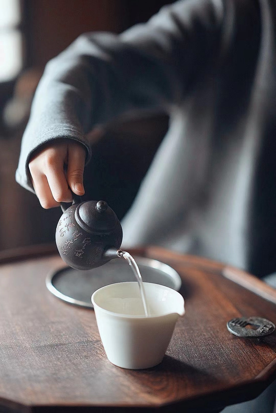 Zisha Black Glaze Teapot with Hand-Carved Poem by Ji Shang Zao Wu