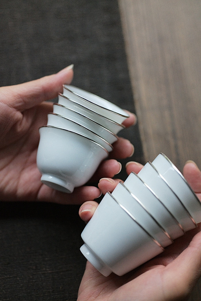 Bell-Shaped White & Silver Teacups