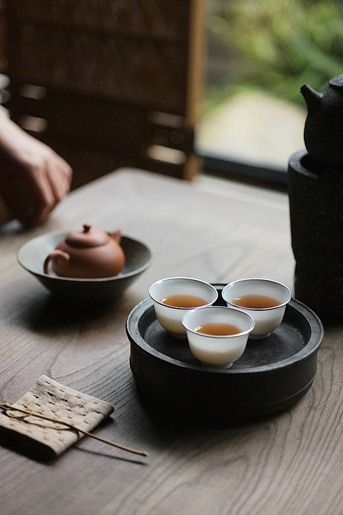 Bell-Shaped White & Silver Teacups