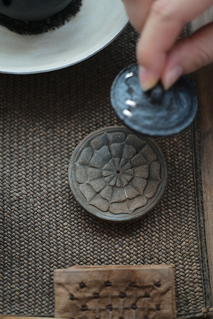 Carved Clay Lid Holders - Lotus, Clouds, and Waves