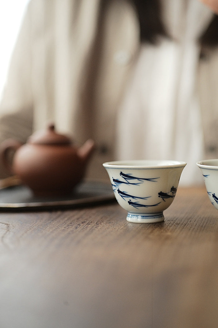 School of Fish Qinghua Blue & White Teacup - Series 2