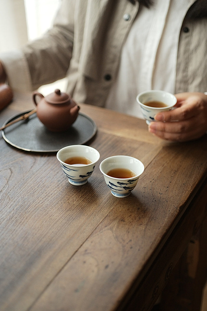 School of Fish Qinghua Blue & White Teacup - Series 2