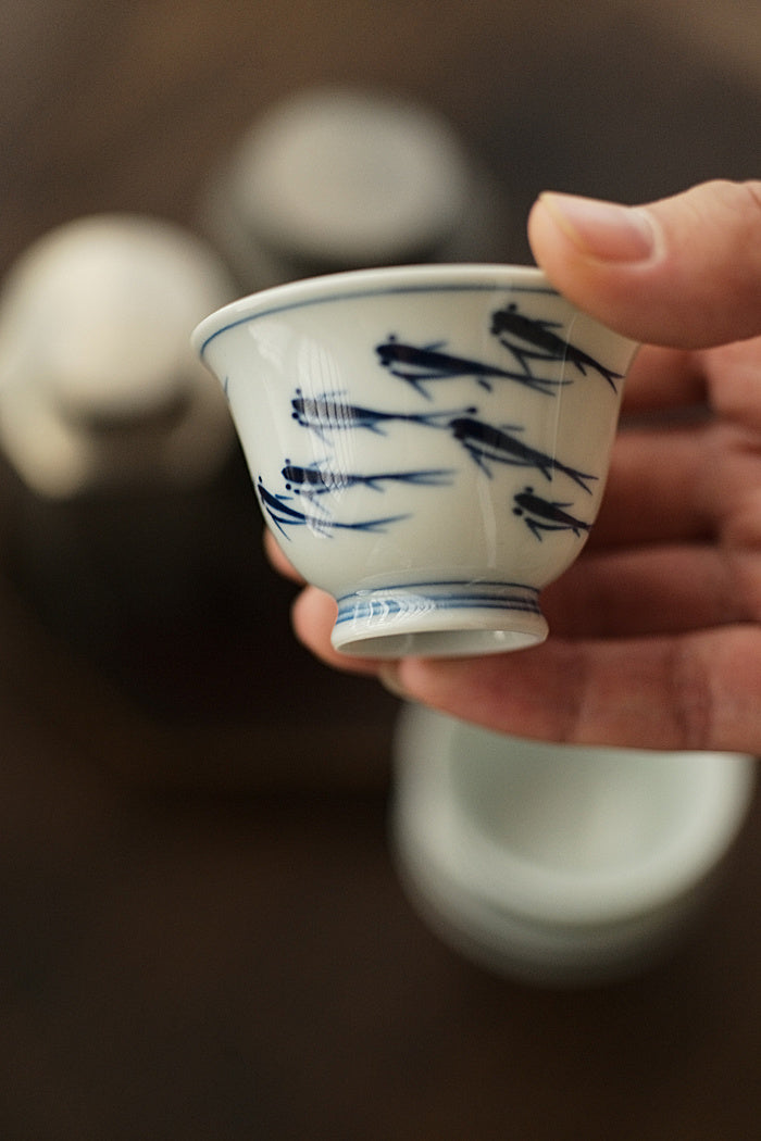 School of Fish Qinghua Blue & White Teacup - Series 2