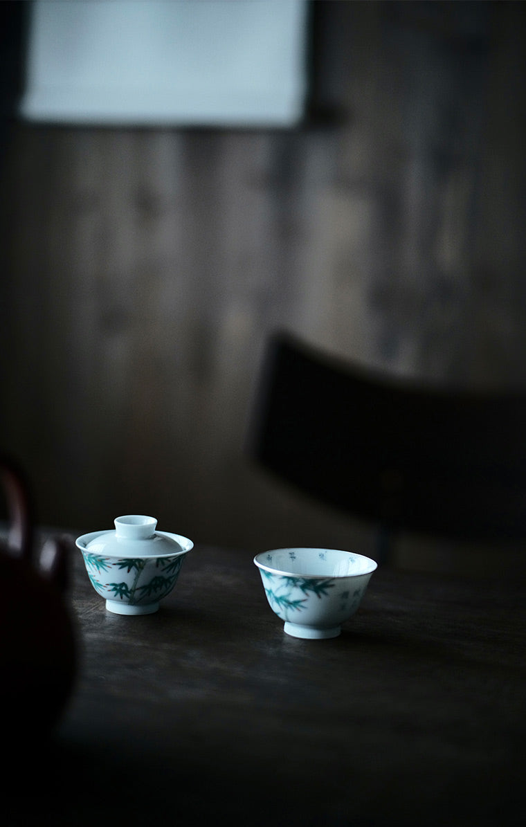 Travel Gaiwan and Teacup Set - Bamboo Doucai Design & Silver Rim