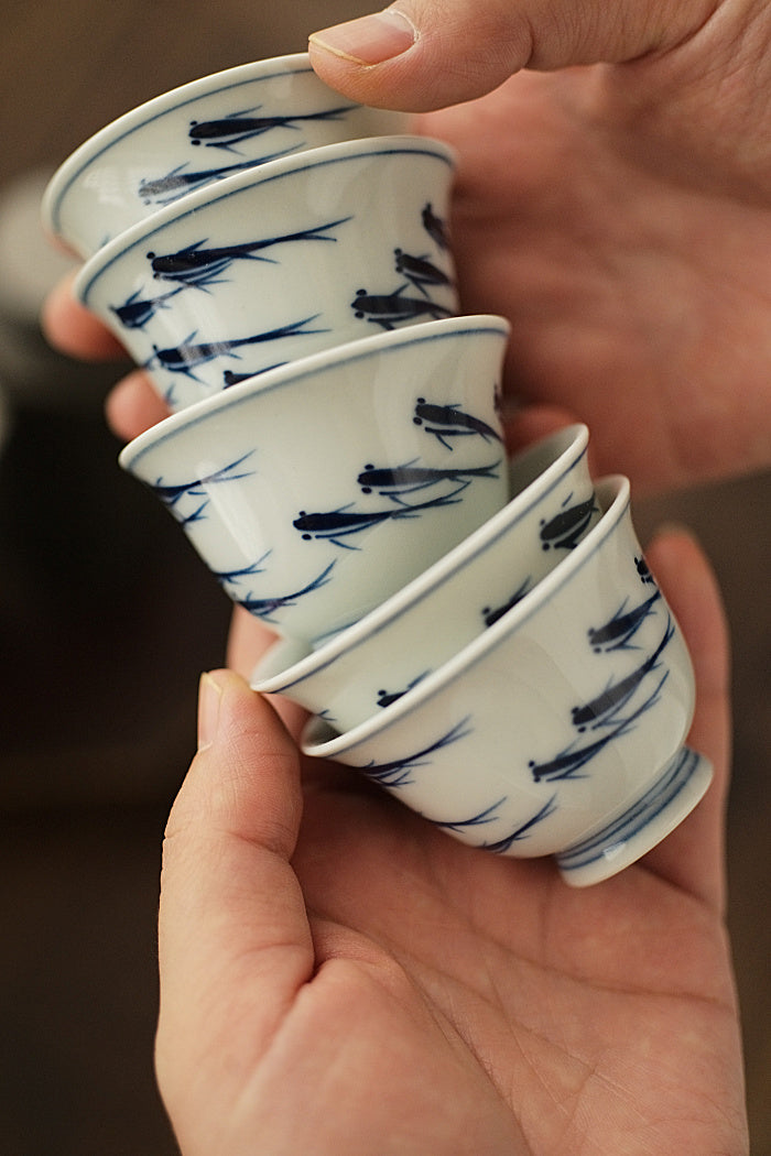 School of Fish Qinghua Blue & White Teacup - Series 2