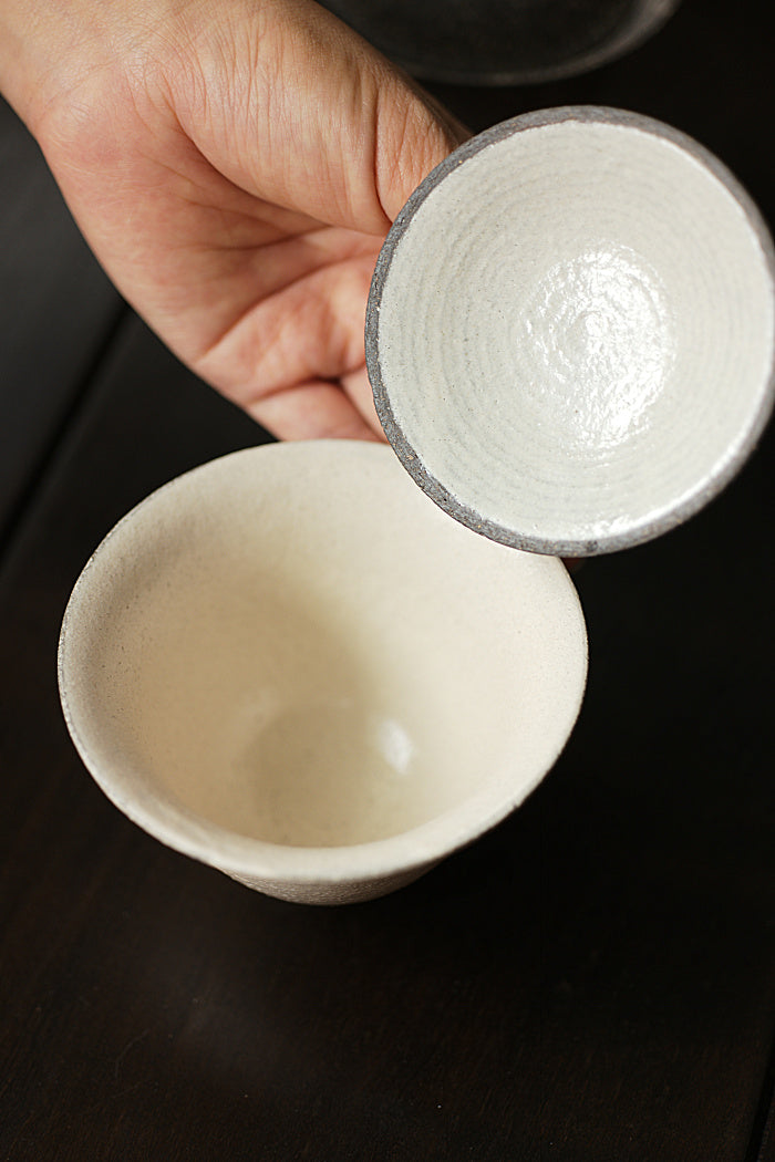 程偉作 オフホワイトの粉釉蓋碗