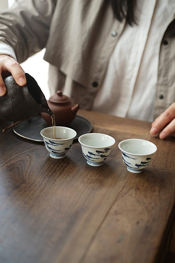 School of Fish Qinghua Blue & White Teacup - Series 2