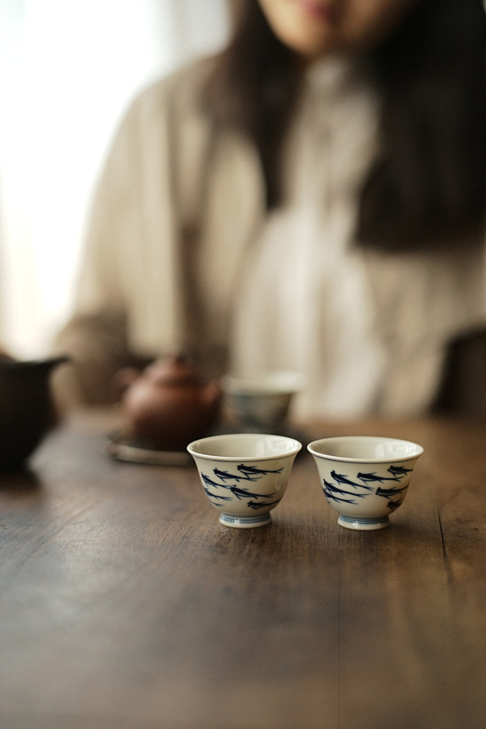 School of Fish Qinghua Blue & White Teacup - Series 2