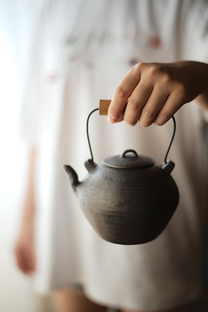 Wood-Handled Ceramic Kettle With Metal Glaze - Series 2