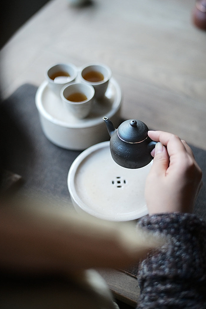 Black Zisha & Silver Hand-Carved Calligraphy Teapot
