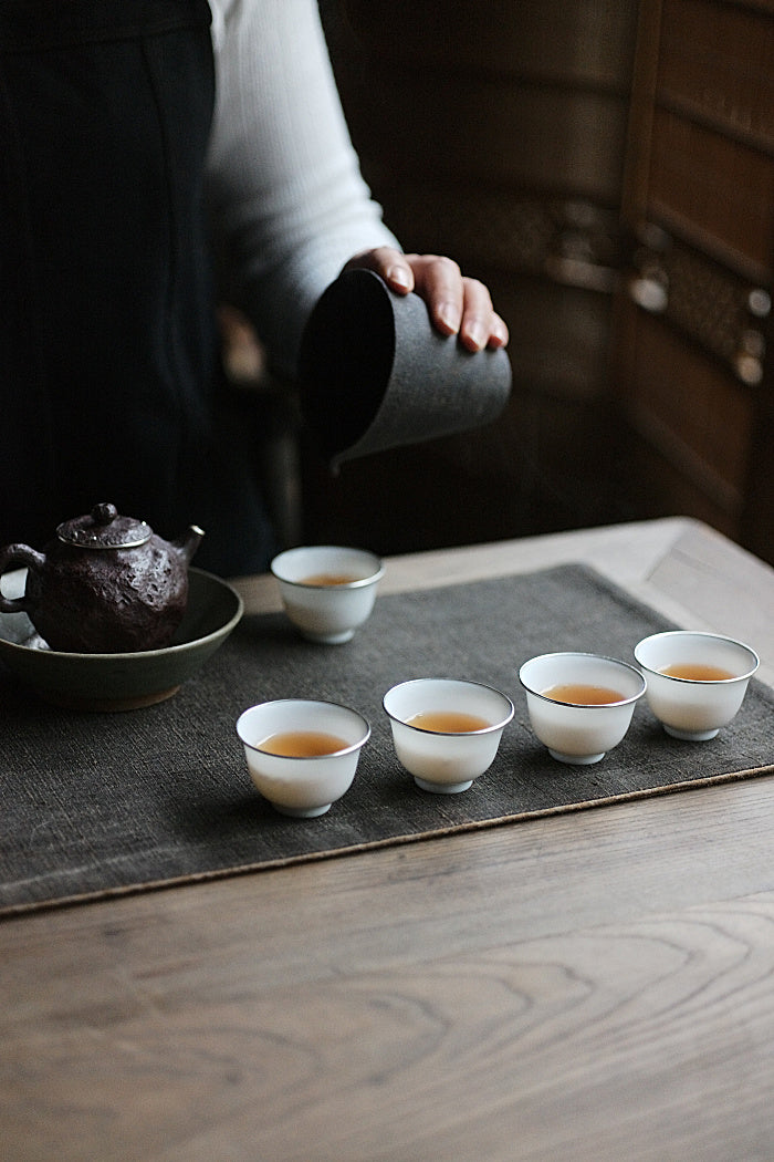 Bell-Shaped White & Silver Teacups