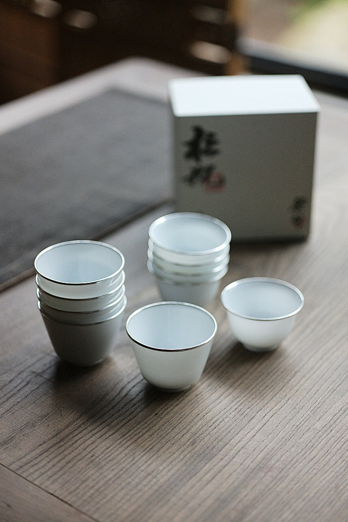 Bell-Shaped White & Silver Teacups