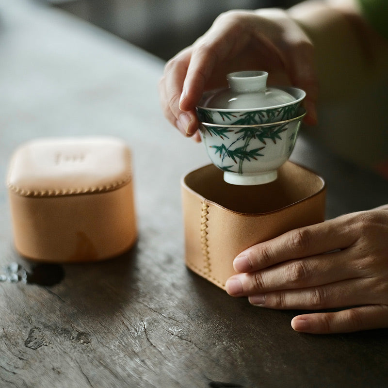 Travel Gaiwan and Teacup Set - Bamboo Doucai Design & Silver Rim