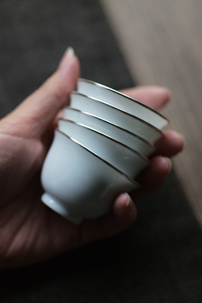 Bell-Shaped White & Silver Teacups