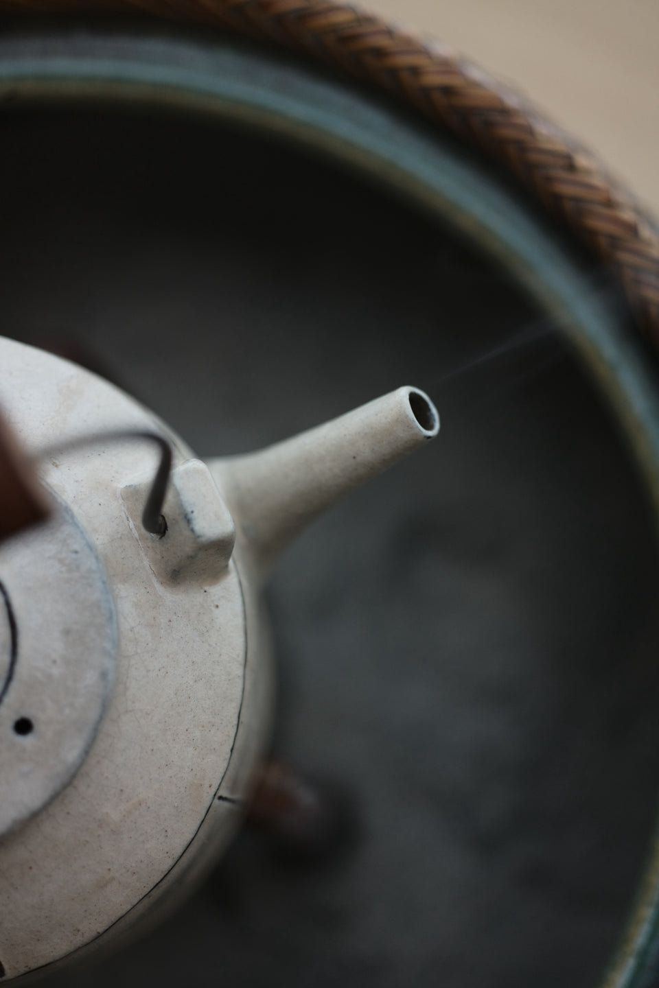 Off-White Glazed Kettle with Wood Handle
