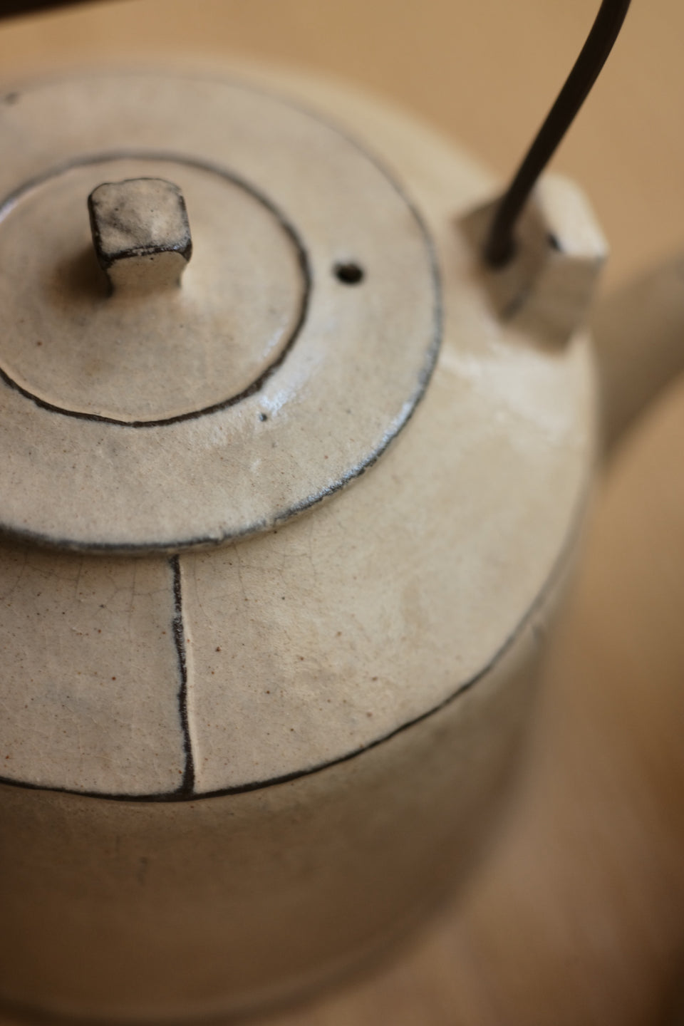 Off-White Glazed Kettle with Wood Handle
