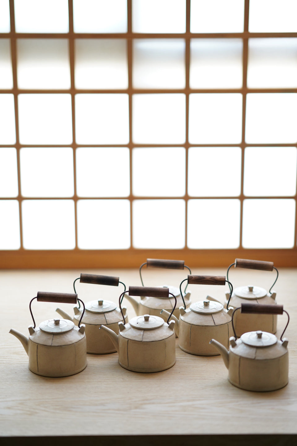 Off-White Glazed Kettle with Wood Handle