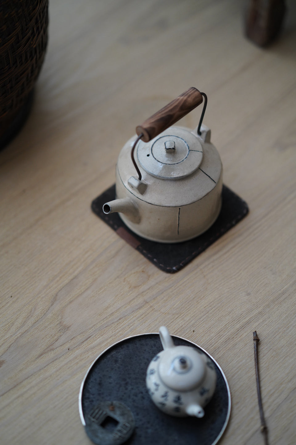 Off-White Glazed Kettle with Wood Handle