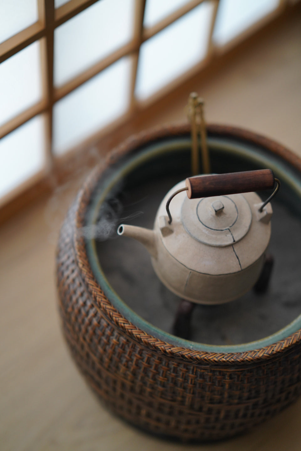 Off-White Glazed Kettle with Wood Handle