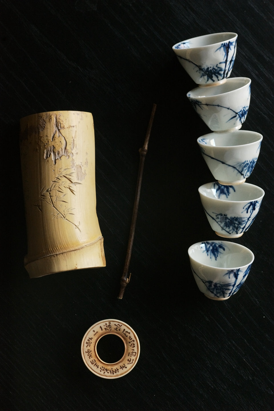 "Bamboo Shadows" Qinghua Teacups with Octagonal Base, set of 5