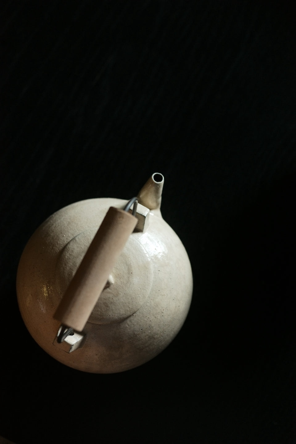 Wood-Handled White Powder Glaze Clay Tea Kettle