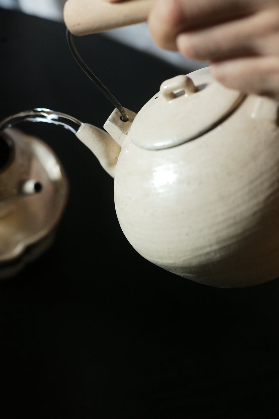 Wood-Handled White Powder Glaze Clay Tea Kettle