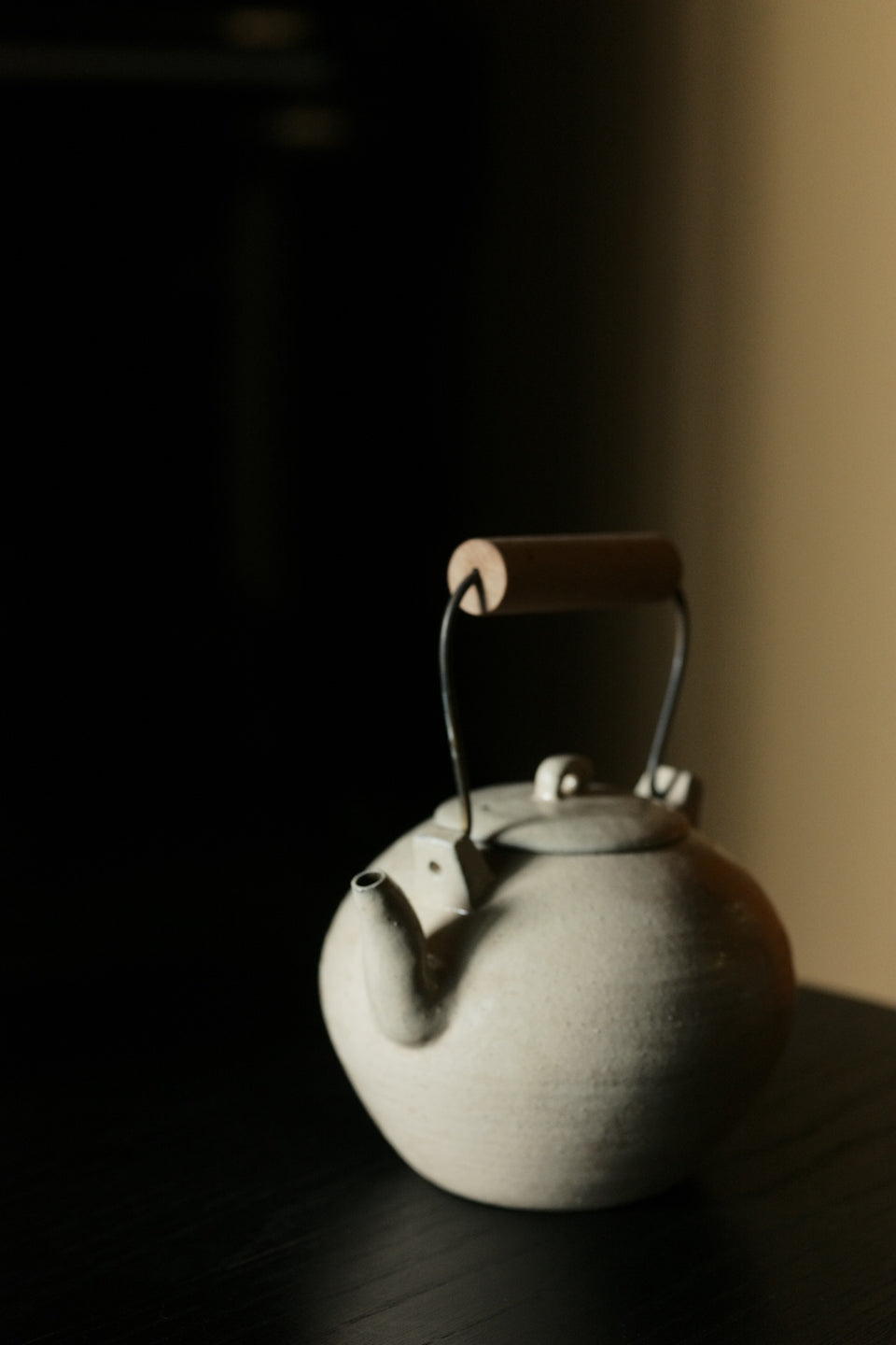 Wood-Handled White Powder Glaze Clay Tea Kettle