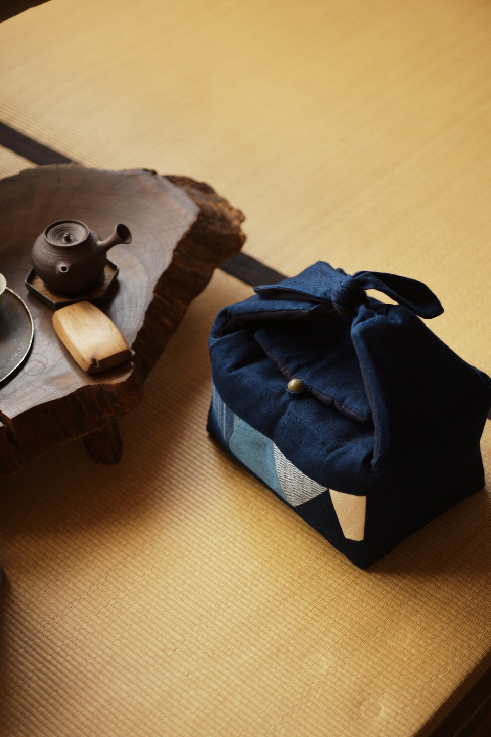 Large Hand-Woven Patchwork Travel Bag for Teapots and Teacup Set