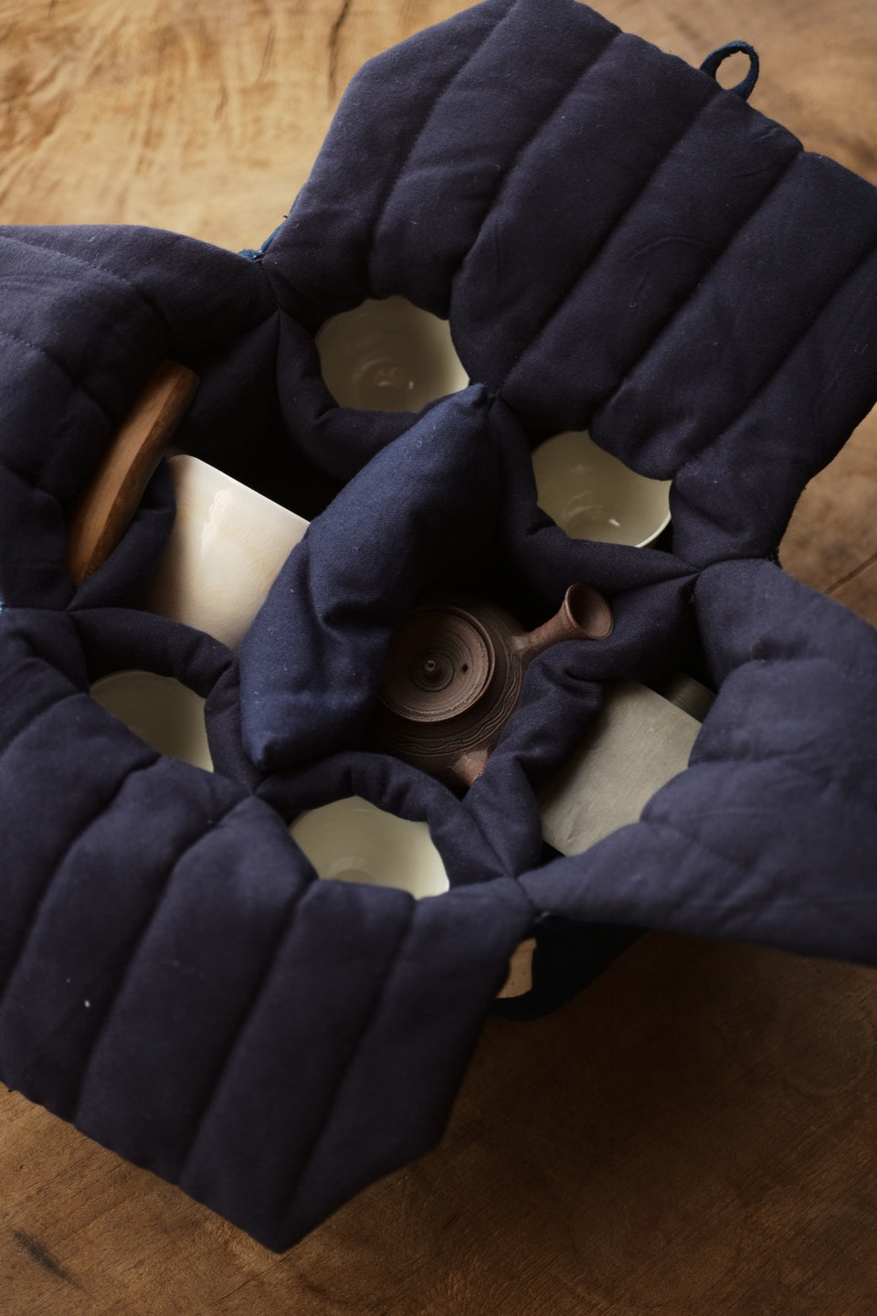 Large Hand-Woven Patchwork Travel Bag for Teapots and Teacup Set