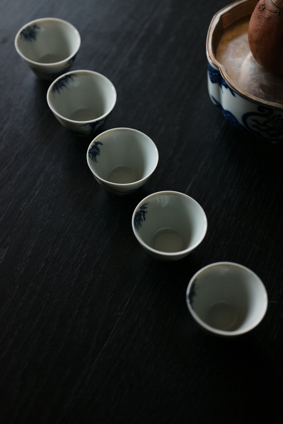 "Bamboo Shadows" Qinghua Teacups with Octagonal Base, set of 5