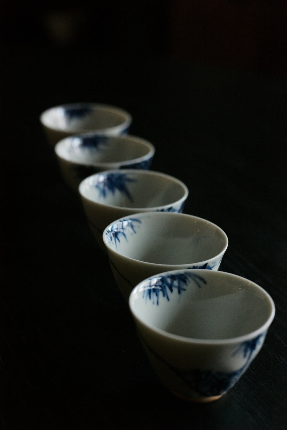 "Bamboo Shadows" Qinghua Teacups with Octagonal Base, set of 5