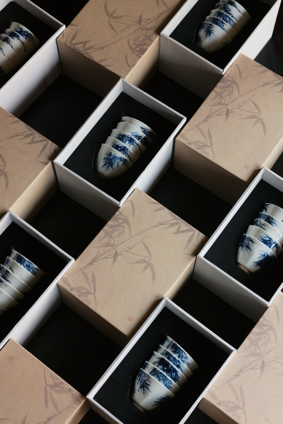 "Bamboo Shadows" Qinghua Teacups with Octagonal Base, set of 5